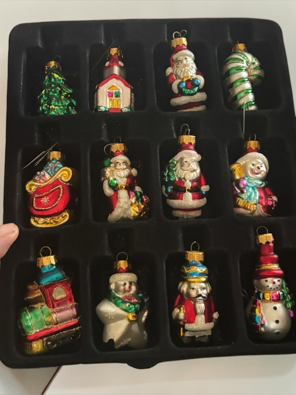 Vintage Unique Treasures 12 Mini Glass Christmas Ornaments Santa Snowman Set
